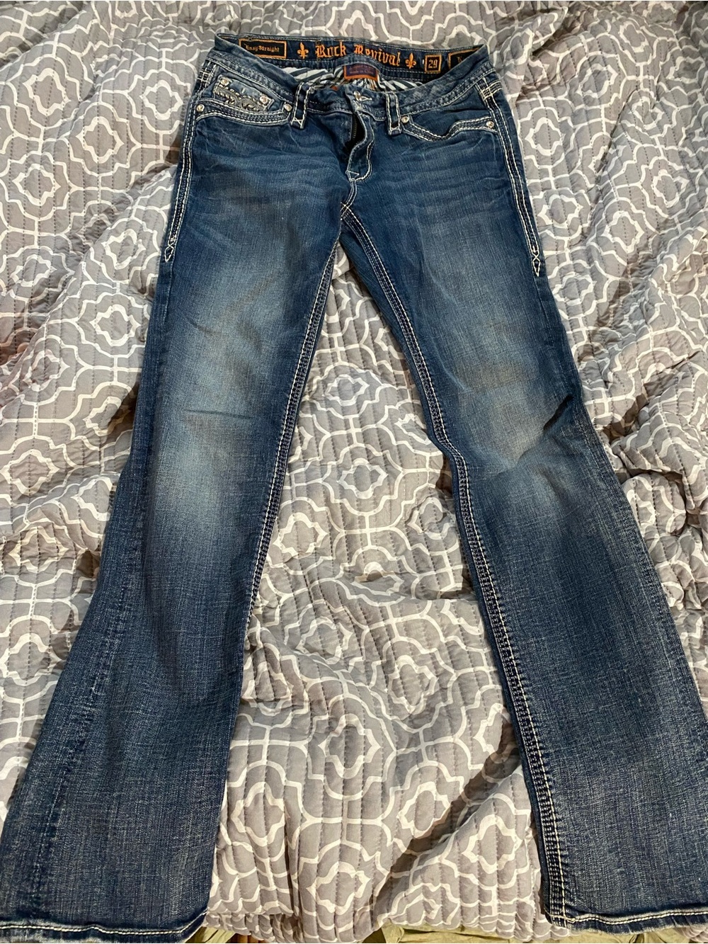 Rock Revival Women’s Dark Blue Flare Jeans with Contrast Stitching